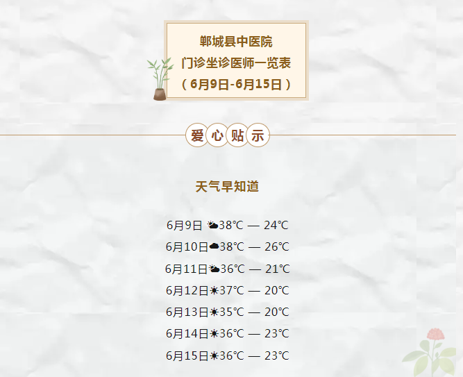 郸城县中医院门诊坐诊医师一览表（6月9日—6月15日）